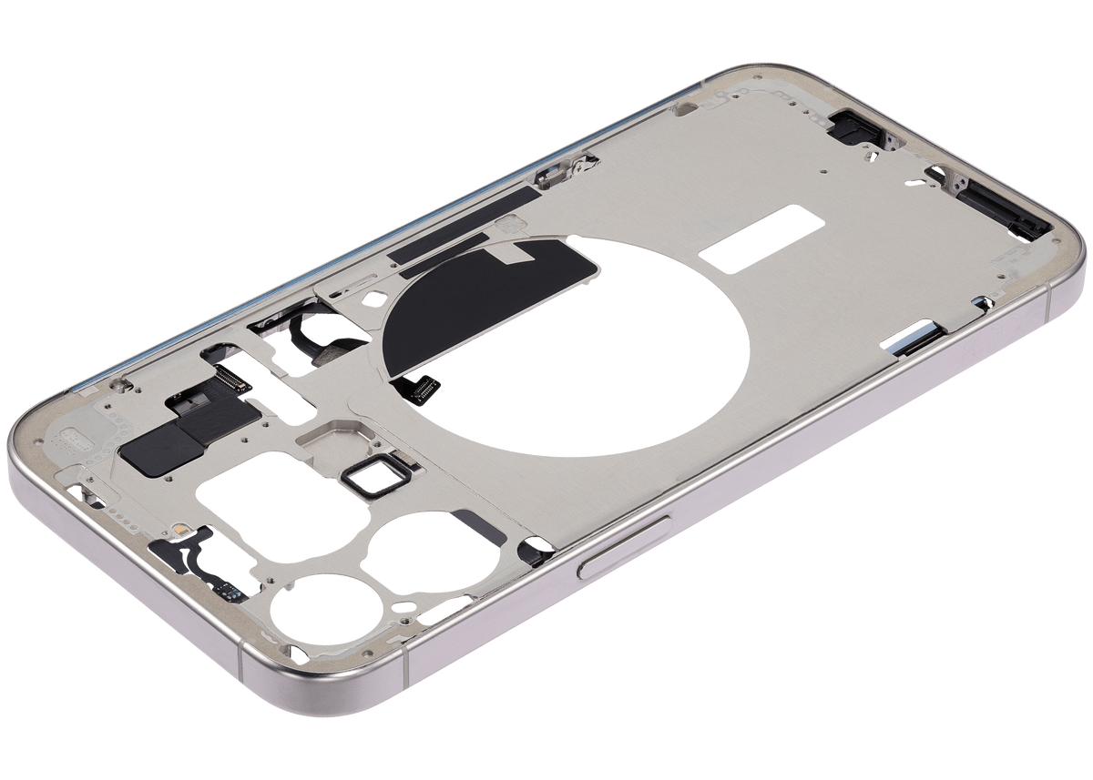 Mid-Frame Housing With Power And Volume Button Compatible For iPhone 15 Pro Max (International Version) (Used OEM Pull: Grade A) (White Titanium)
