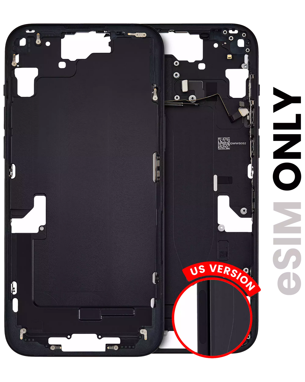 Mid-Frame Housing With Power And Volume Button Compatible For iPhone 15 Plus (US Version) (Used OEM Pull: Grade A) (Black)