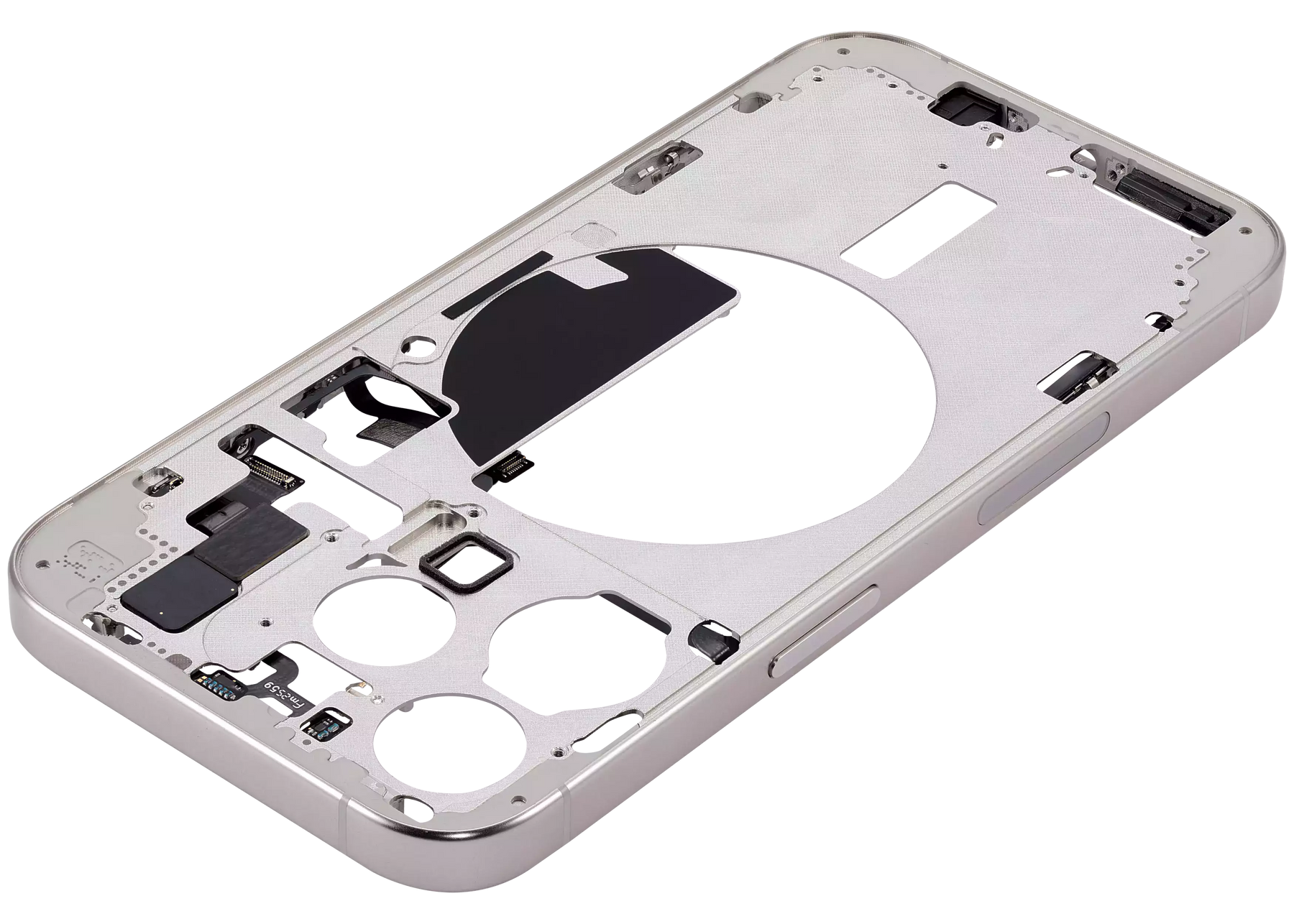 Mid-Frame Housing With Power And Volume Button Compatible For iPhone 15 Pro (US Version) (Used OEM Pull: Grade B) (White Titanium)