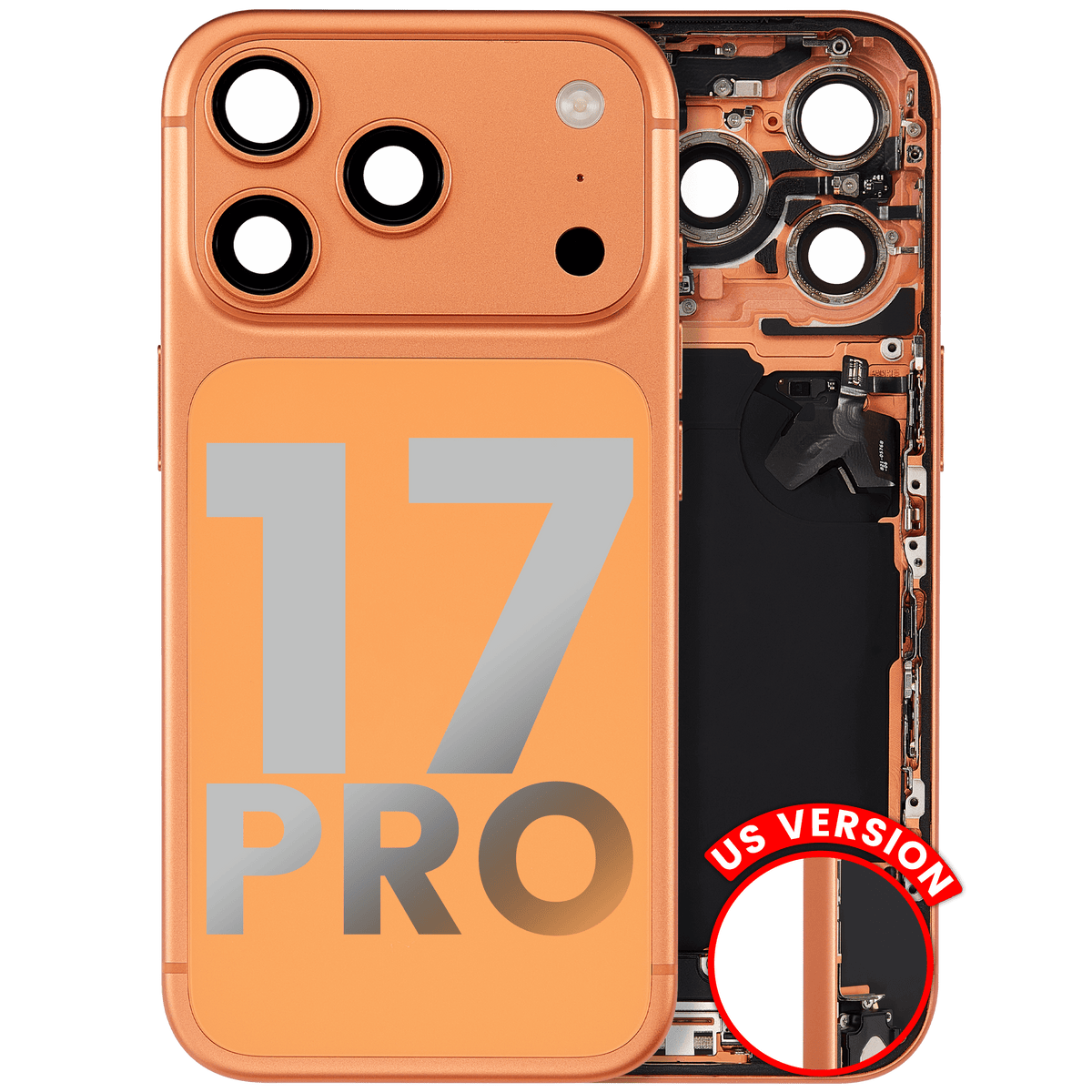 Back Housing W/ Charging Port Flex & Small Parts Compatible For iPhone 17 Pro (US Version) (Used OEM Pull: Grade A) (Cosmic Orange)