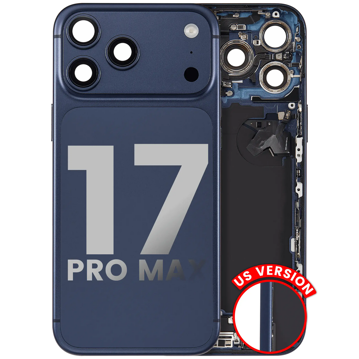 Back Housing W/ Charging Port Flex & Small Parts Compatible For iPhone 17 Pro Max (US Version) (Used OEM Pull: Grade A) (Deep Blue)