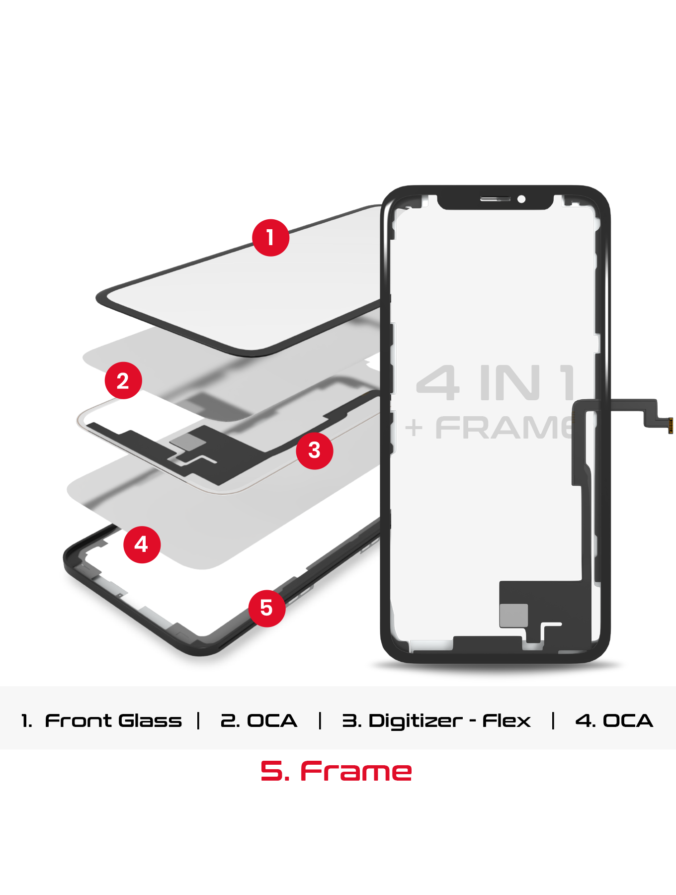 4 in 1 Long Flex (Digitizer Touch With Glass + OCA + Frame Pre-installed) Compatible For iPhone XS (OCA Master)