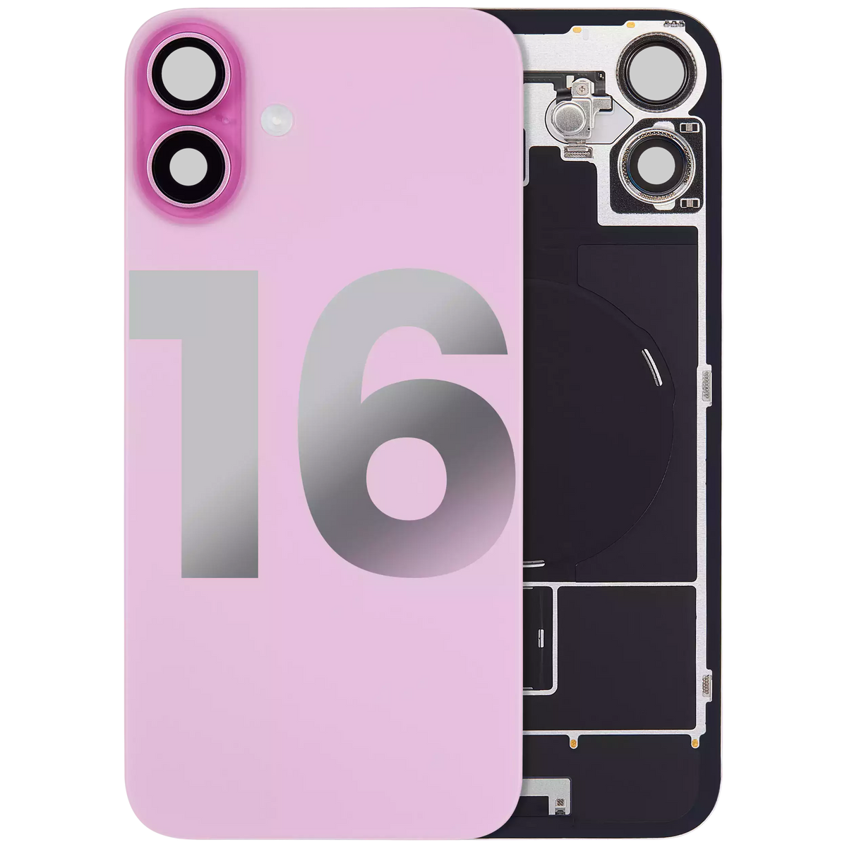 Back Glass With Steel Plate With Wireless NFC Charging MagSafe Magnet & Flashlight Flex Compatible For iPhone 16 (Used OEM Pull: Grade A) (Pink)