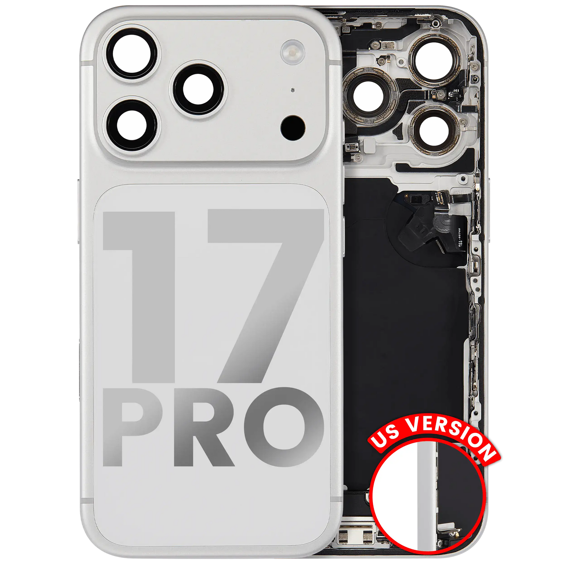 Back Housing W/ Charging Port Flex & Small Parts Compatible For iPhone 17 Pro (US Version) (Used OEM Pull: Grade A) (Silver)