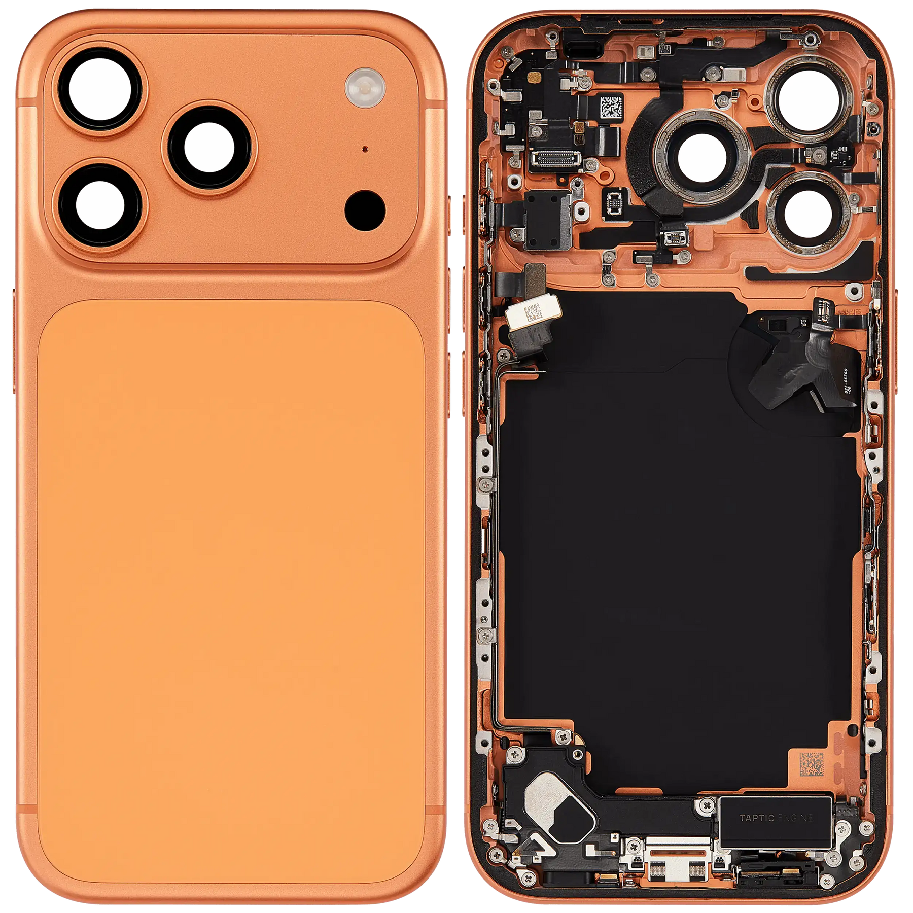 Back Housing W/ Charging Port Flex & Small Parts Compatible For iPhone 17 Pro (US Version) (Used OEM Pull: Grade A) (Cosmic Orange)
