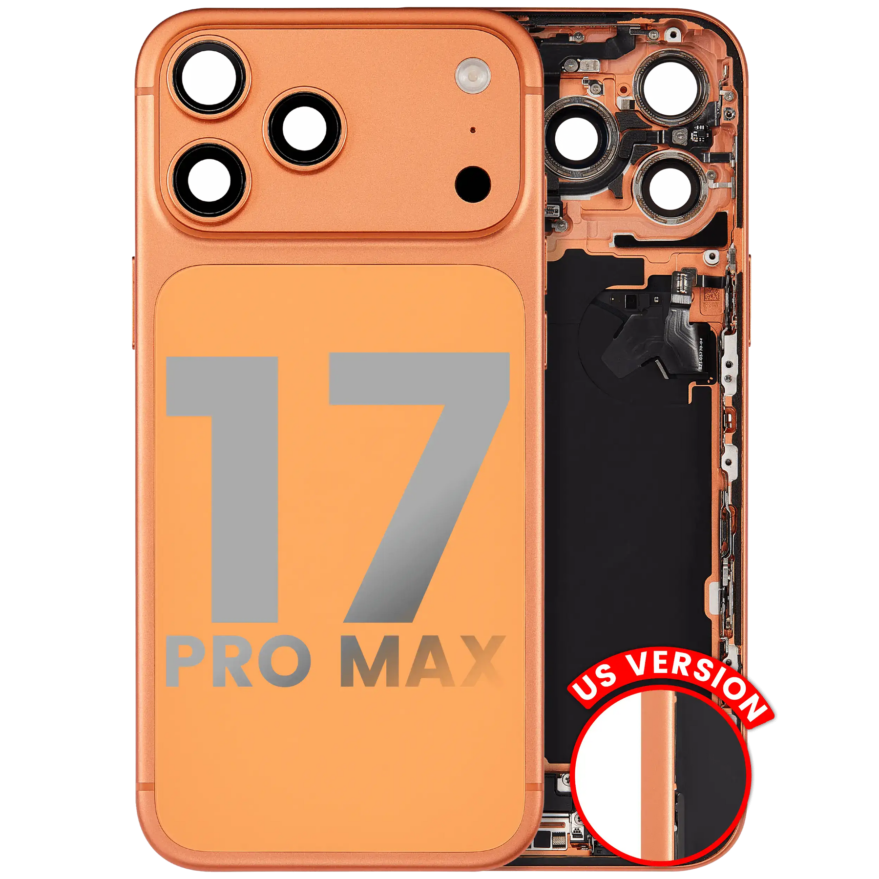Back Housing W/ Charging Port Flex & Small Parts Compatible For iPhone 17 Pro Max (US Version) (Used OEM Pull: Grade A) (Cosmic Orange)