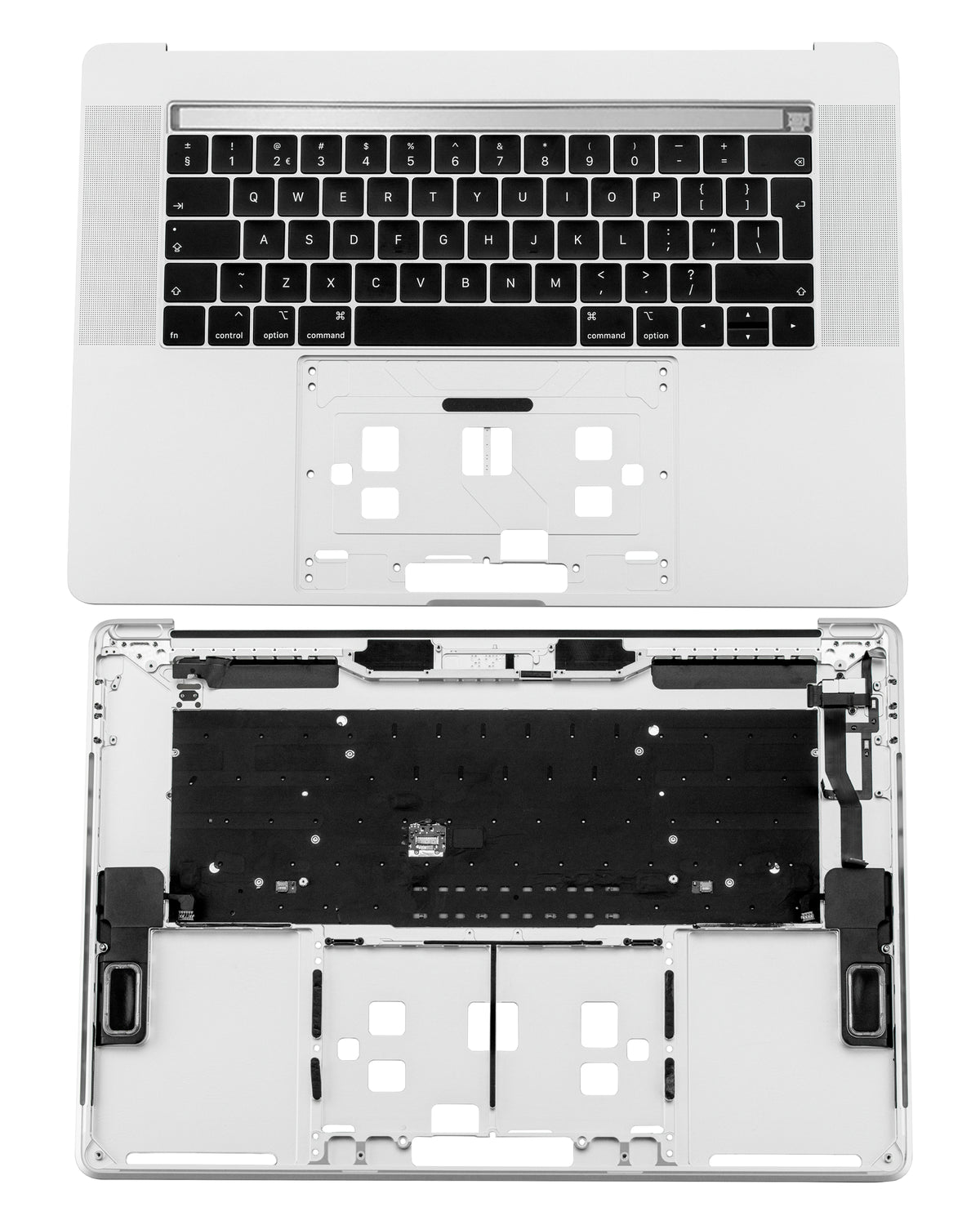 SILVER TOP CASE WITH KEYBOARD (UK ENGLISH)  FOR MACBOOK PRO 15" TOUCH BAR A1990 (LATE 2018 / EARLY 2019)  (USED OEM PULL: COSMETIC GRADE: NEW)