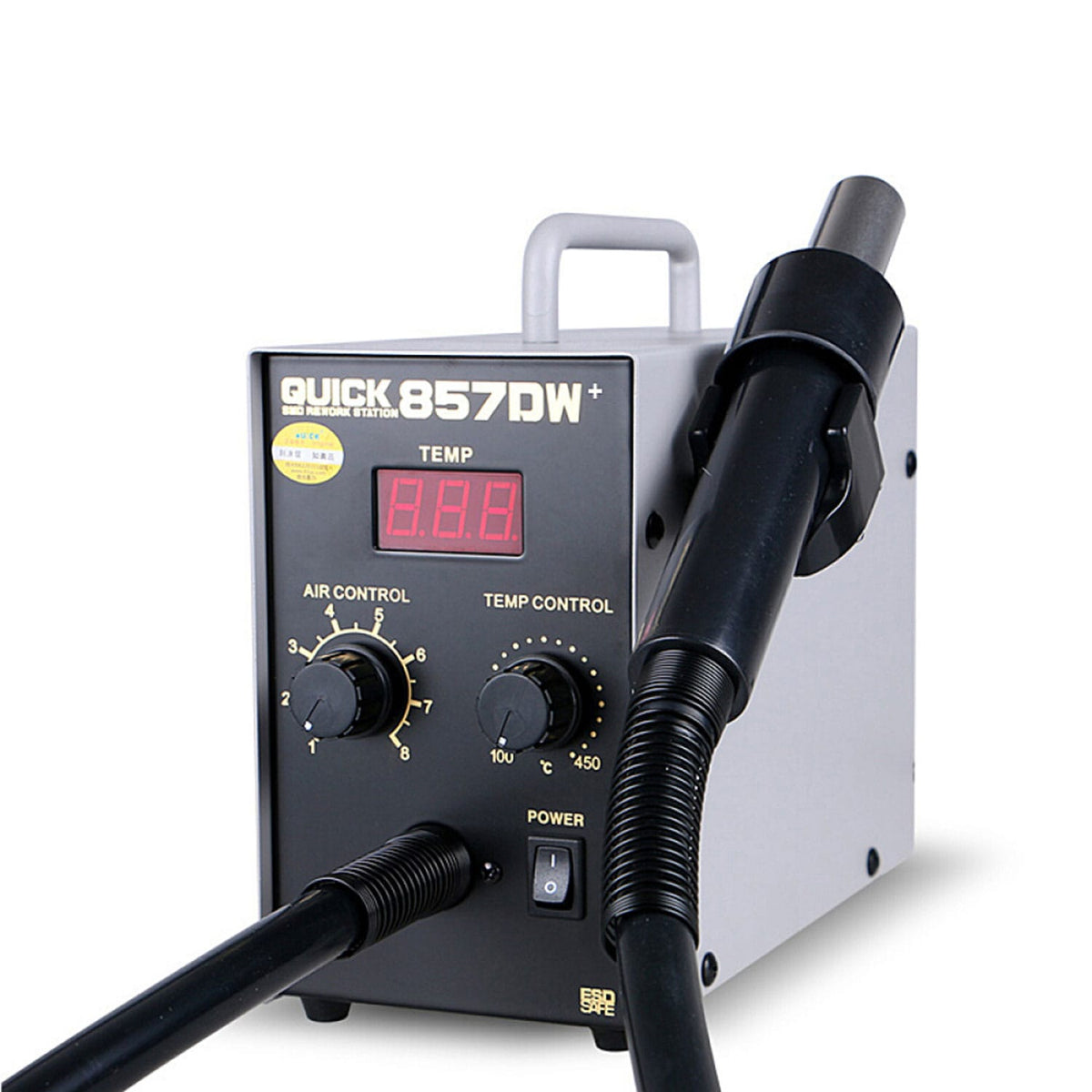 QUICK 857DW+ LEAD FREE ADJUSTABLE HOT AIR HEAT GUN WITH HELICAL WIND REWORK SOLDERING STATION