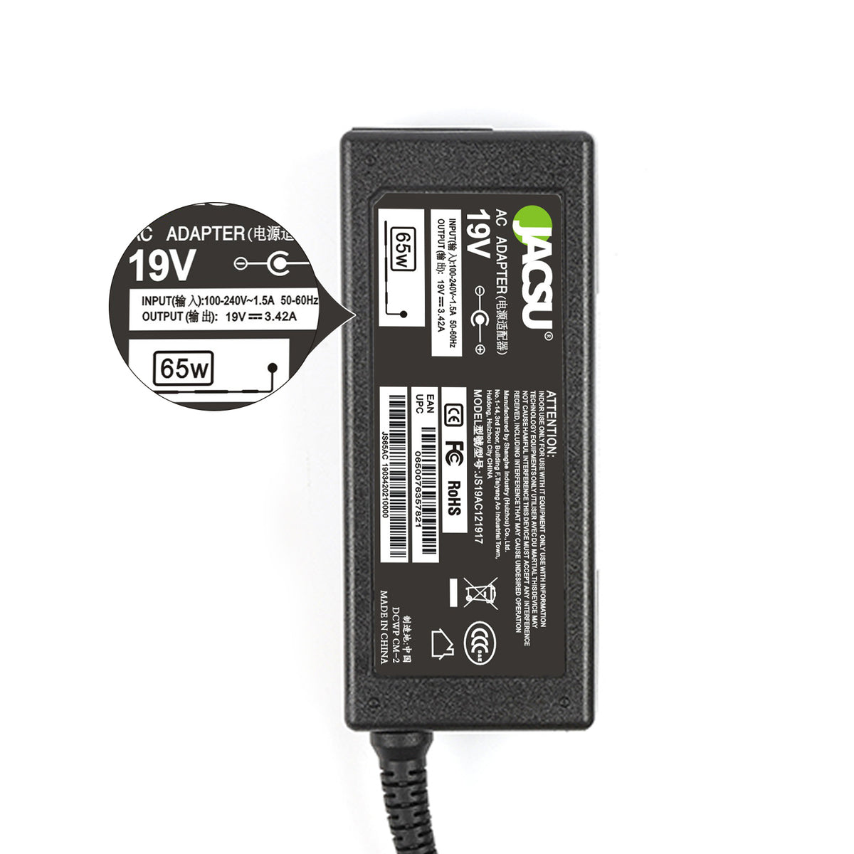 Jacsu 19V 3.42A 65W 5.5x2.5mm AC Laptop Adapter Charger for Asus X401A A450C Y481 X501LA X551C V85 A52F