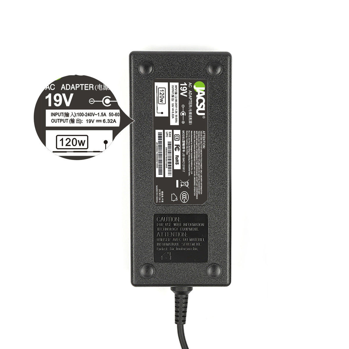 Jacsu 19V 6.32A 120W (5.5*1.7mm) AC Laptop Adapter Charger For Aspire 8951G AS8951G 5551 V3-771G-9809 Notebook
