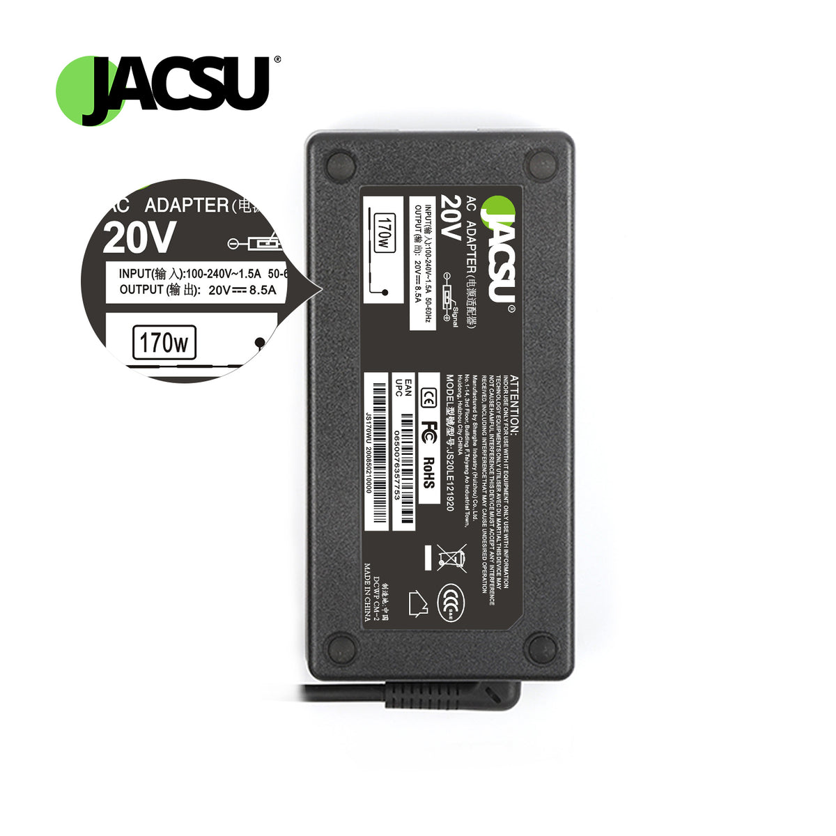 Jacsu 20V 8.5A 170W USB AC Laptop Adapter Charger for Lenovo Legion Y720-15 Y7000P P50 P51 P70 P71 W540 W541