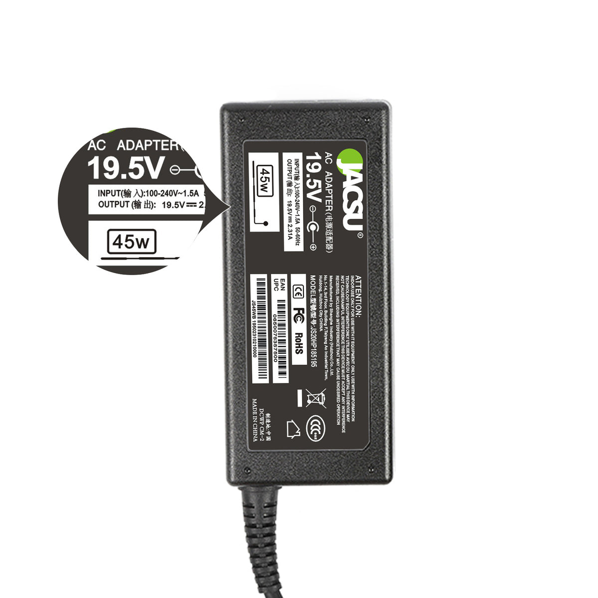 Jacsu 19.5V 2.31A 45W Pin 4.5x3.0 FOR HP ProBook 400 430 X360 G1 G2 450 G3 Laptop AC Adapter Charger 740015-003