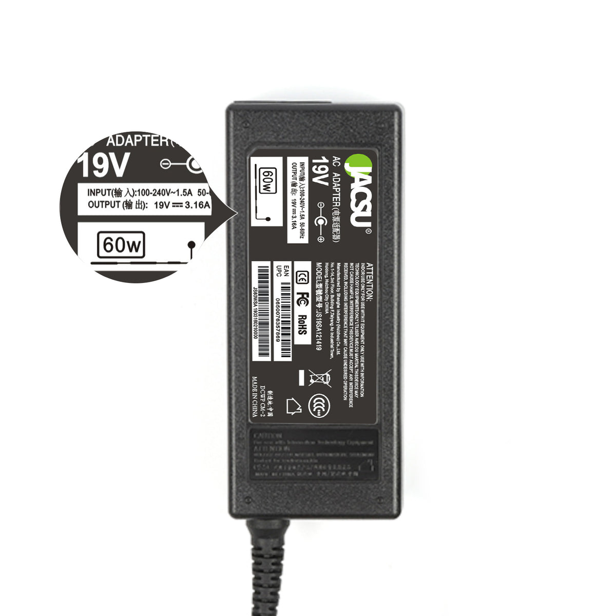 Jacsu 19V 3.16A 60W 5.5X3.0mm Power AC Adapter for Samsung charger AD-6019R CPA09-004A ADP-60ZH