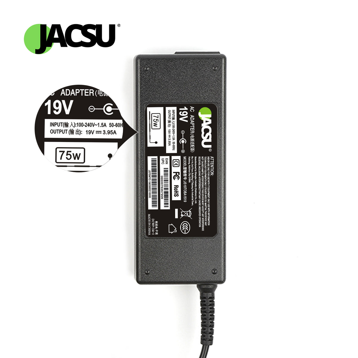 Jacsu 19V 3.95A PIN 5.5X2.5 75 W Laptop Adapter/Charger For Toshiba Mini NB100 Satellite C55DT-A C70D-B By
