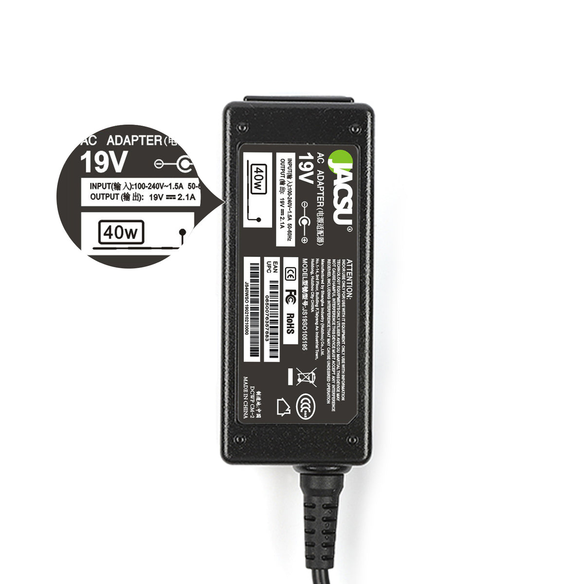 Jacsu 19V 2.1A 2.5x0.7 40W Laptop Charger Adapter For Asus Eee PC 1001 1001P 1005 1005HAB 1008HA 1011PX 1015PW 1015PX