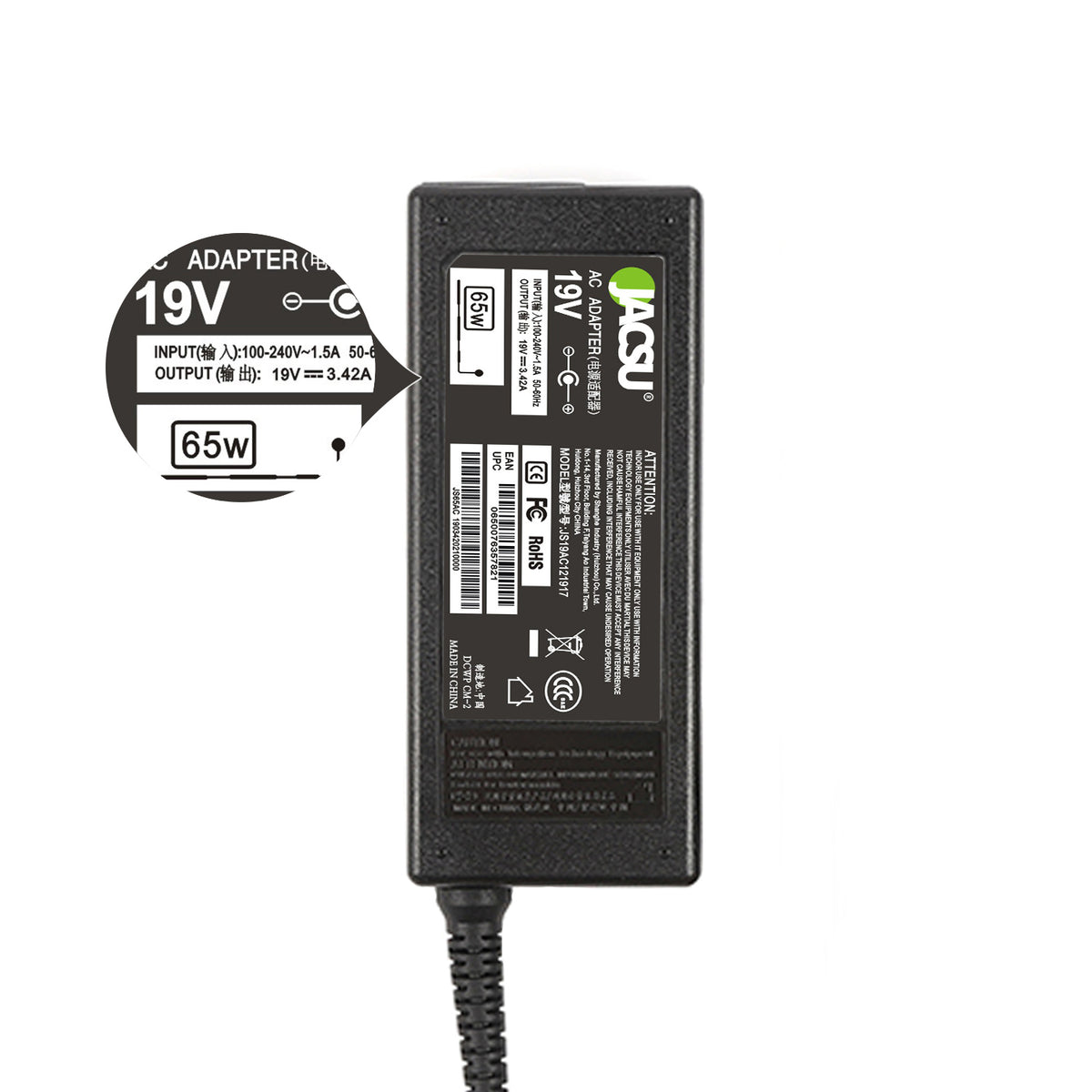 Jacsu 19V 3.42A 65W Pin Size 5.5x1.7 Laptop Power Adapter Charger For Acer A11-065N1A ADP-65VH B /ADP-65 PA-1650 1700-02 B